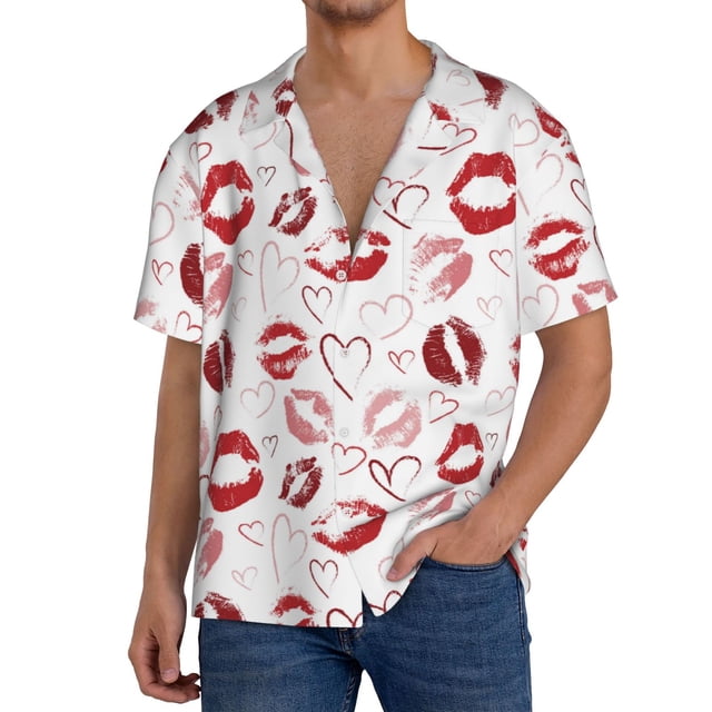 Fotbe Red Lips Camisa Estampada de Manga Corta para Hombre, Casual de Verano, Estilo Playero, Sin Arrugas-X-Large