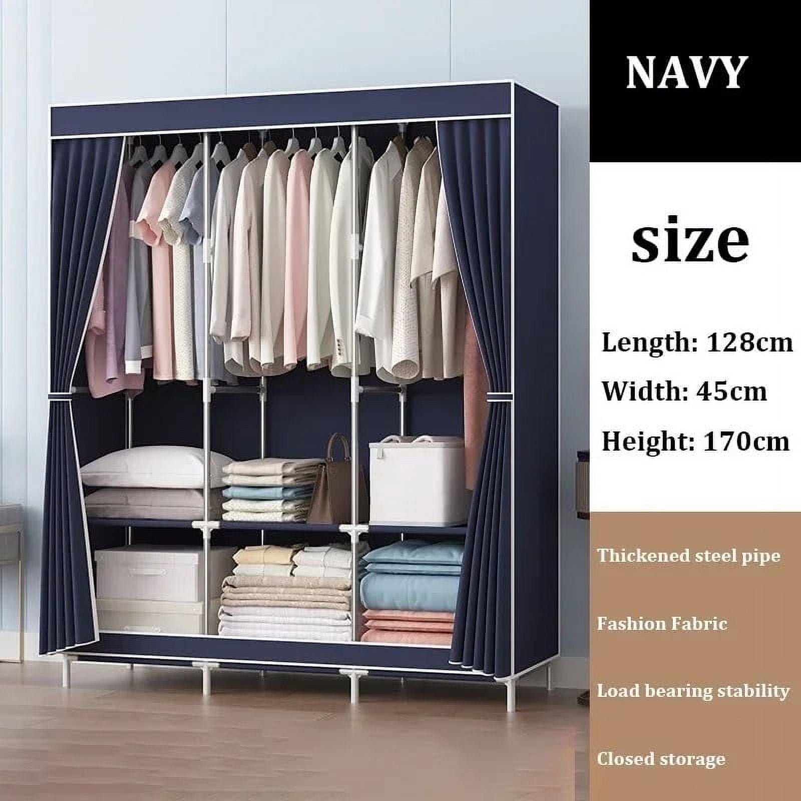 Portable Closet Organizer with Cover, Non-woven Fabric Clothing Rack Shelf, Dustproof Wardrobe Closet Storage, Navy Blue