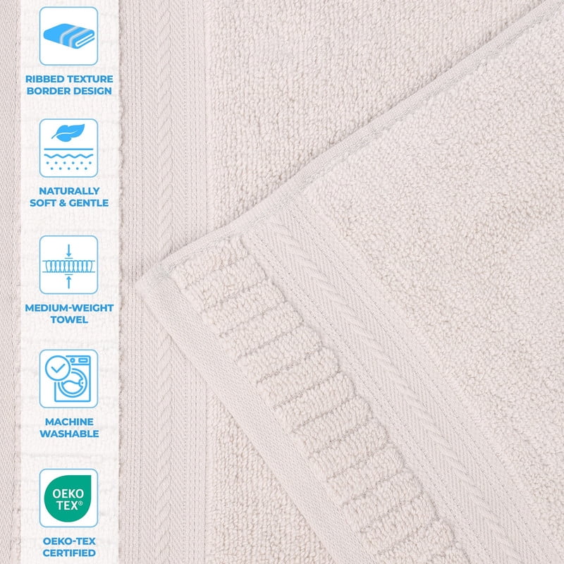 Superior Venice Ribbed Textured Border Zero Twist 3 Piece Towel Set, Silver