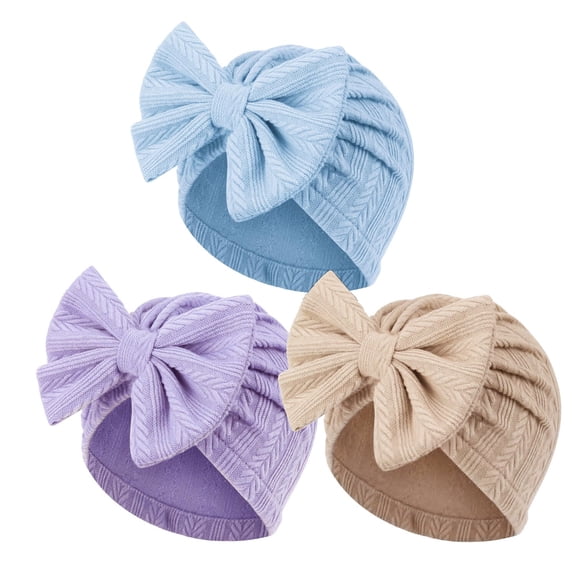 3 Pack Newborn Baby Girls Hats, Infant Turban Hats with Big Bow Beanie Toddler Cap Newborn Hospital Hats for Baby Girls Kids