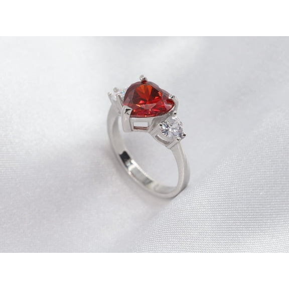 10 mm Unique Vintage Ruby Wedding Ring, Heart Cut Red Gemstone Sterling Silver Ring, July Birthstone Ring, Three Stone Ring, Gift for Wife