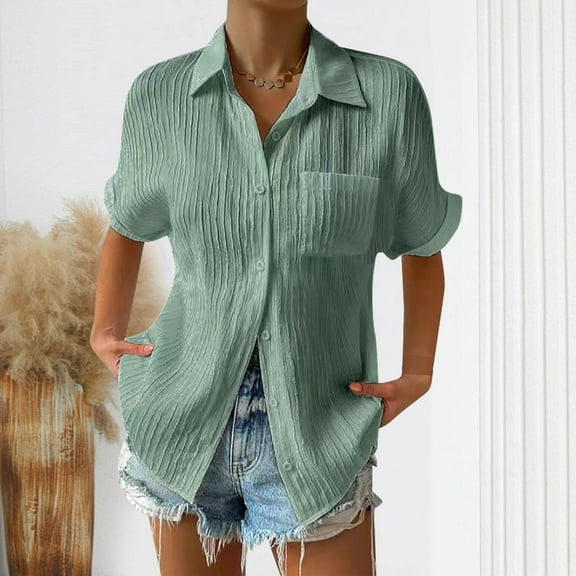 Vhkiploz Summer Dressy Shirt for Women Pleated Short Sleeve V-Neck Button Down Tops Vacation Casual Loose Turn Down Collared Blouse with Front Pockets