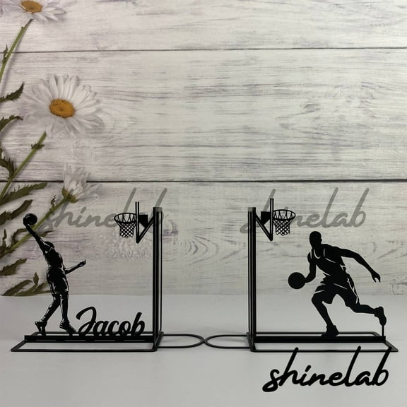 Shinelab Basketball Metal Bookends Basketball Player Name Bookend, Sports Table Bookshelf Decor 5018