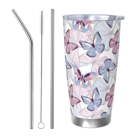 

KLL Butterflies in Pastel Print 40oz Stainless Steel Insulated Car Cup with Spillproof Lid - Keep Your Drink Hot or Cold on the Go-Straw Three-piece Set