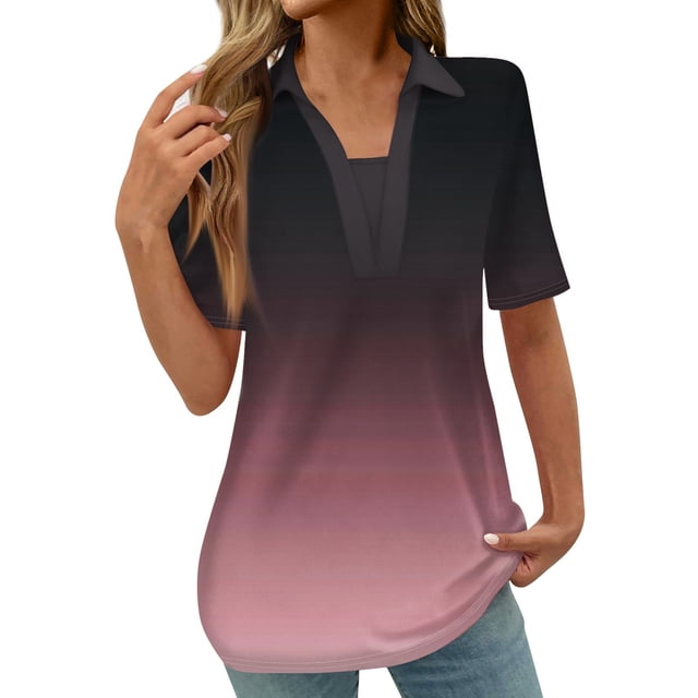 COM1950s Shorts pour Femmes, Blouses pour Femmes, Mode Blouses Imprimées Dégradées pour Femmes T-Shirt à Manches Courtes Col Rabattu, Blouses pour Femmes Mode, Blouses pour Femmes Mode, Hauts pour Femmes