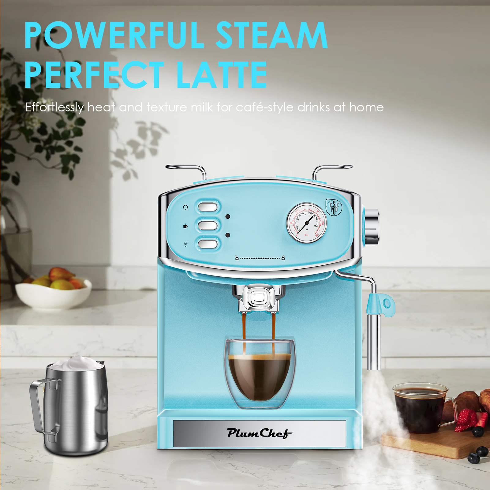 Plum Chef 20-Bar Espresso Machine with Milk Frother, Stainless Steel Cappuccino & Latte Maker with Pressure Gauge, 1.8L Tank, Blue