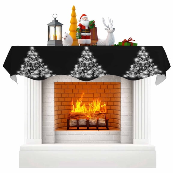 Christmas Tree Black Fireplace Mantle Scarf, Snowflakes Shining Xmas Tree Mantel Cover Table Runner for Home Living Room Door Window, Indoor Outdoor Holiday Party Decor 17" x 60"