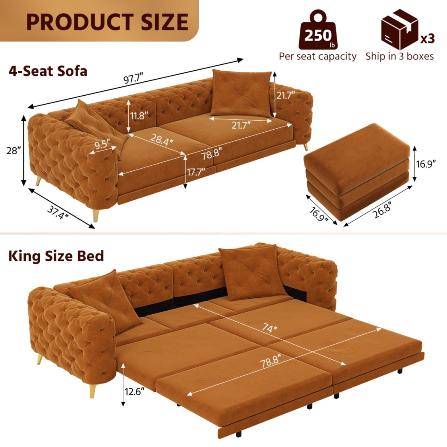 avobird 97" Overside Convertible Sofa, 3 in 1 Pull Out Sleeper Sofa Bed with Movable Ottoman, Button Tufted Modern Sofa for Living Room, Orange