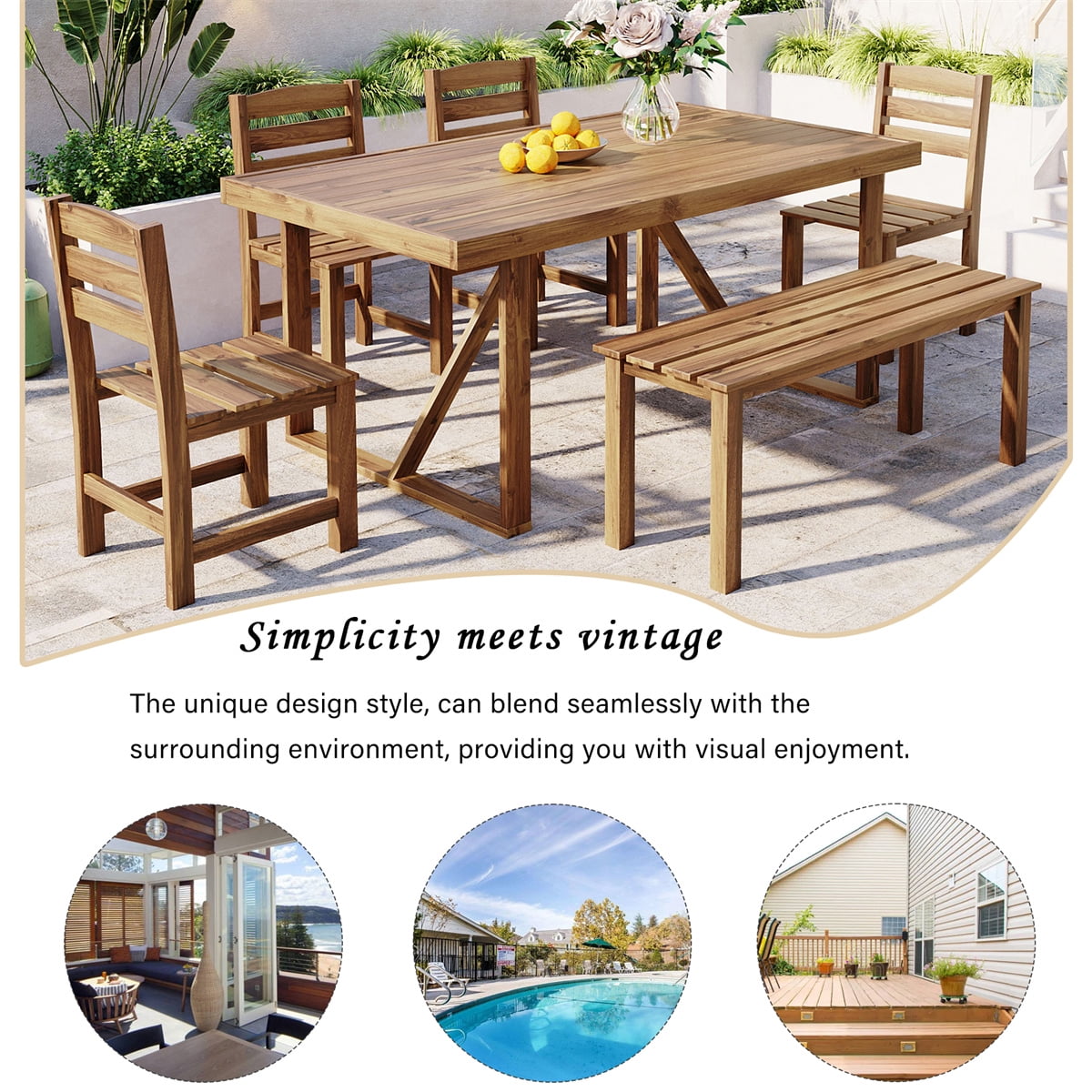 HighSound 6-Piece Outdoor Acacia Wood Dining Set, Patio Table and Chairs Set with Bench for 6-7 People, Outdoor Dining Furniture Set for Garden, Backyard and Poolside, Natural