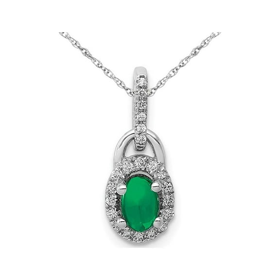 3/5 Carat (Ctw) Natural Cabochon Emerald Halo Pendant Necklace in 14K White Gold with Chain and Accent Diamonds