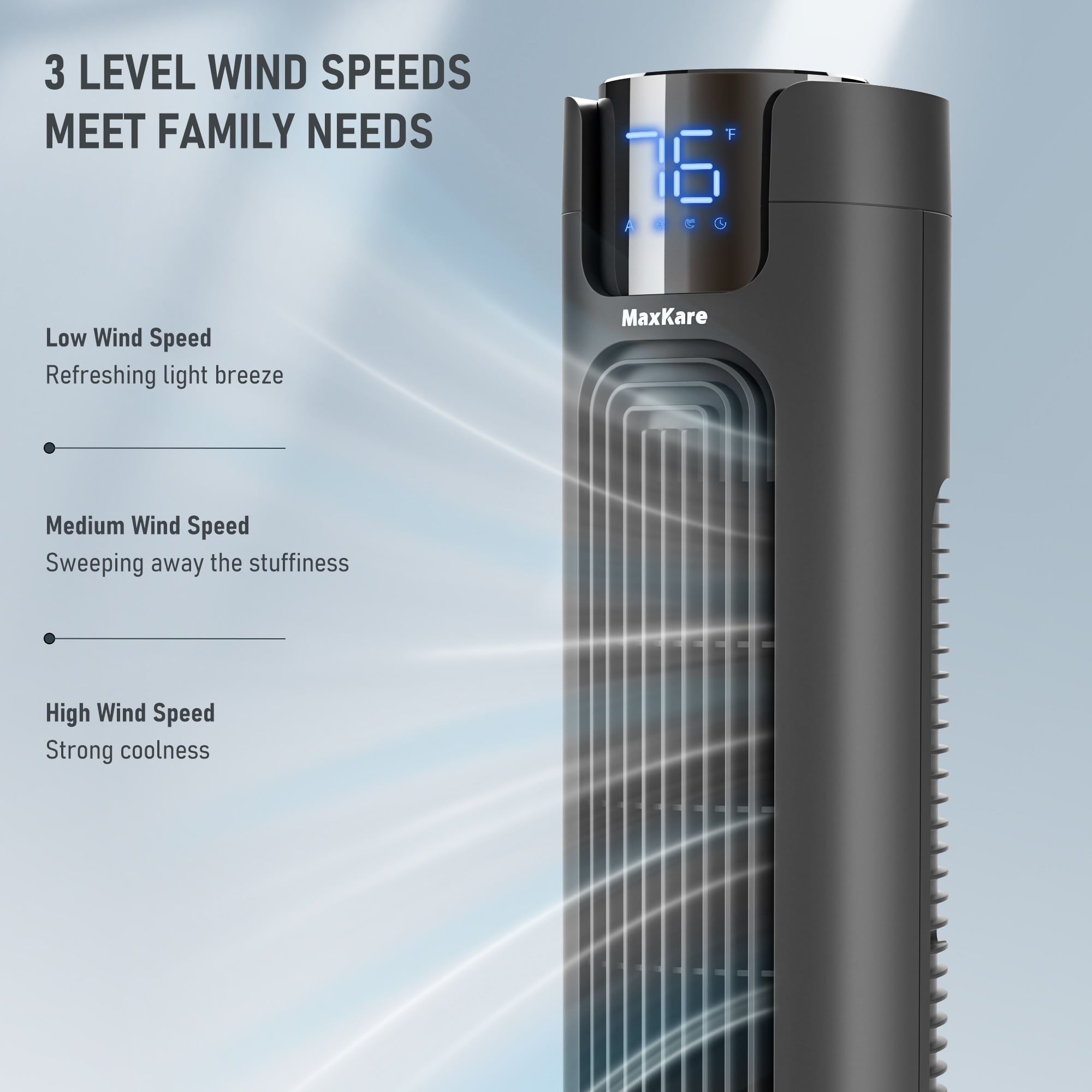 MaxKare 36" Tower Fan with 4 Modes 3 Speeds 24H Timers, 75° Oscillating, LED Display & Remote Controller, 50dB Quiet Fan, Black
