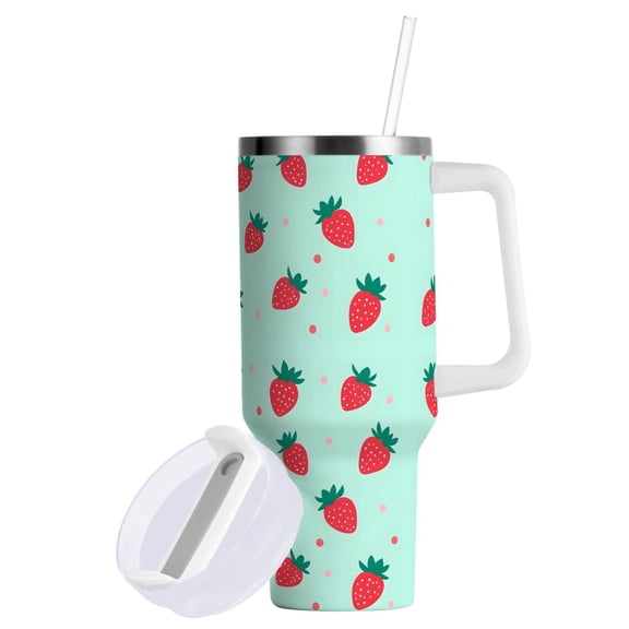 Yayeee 40oz Stainless Steel Tumbler with Straw and Handle Double-Wall Insulated Travel Water Bottle, Green Strawberry