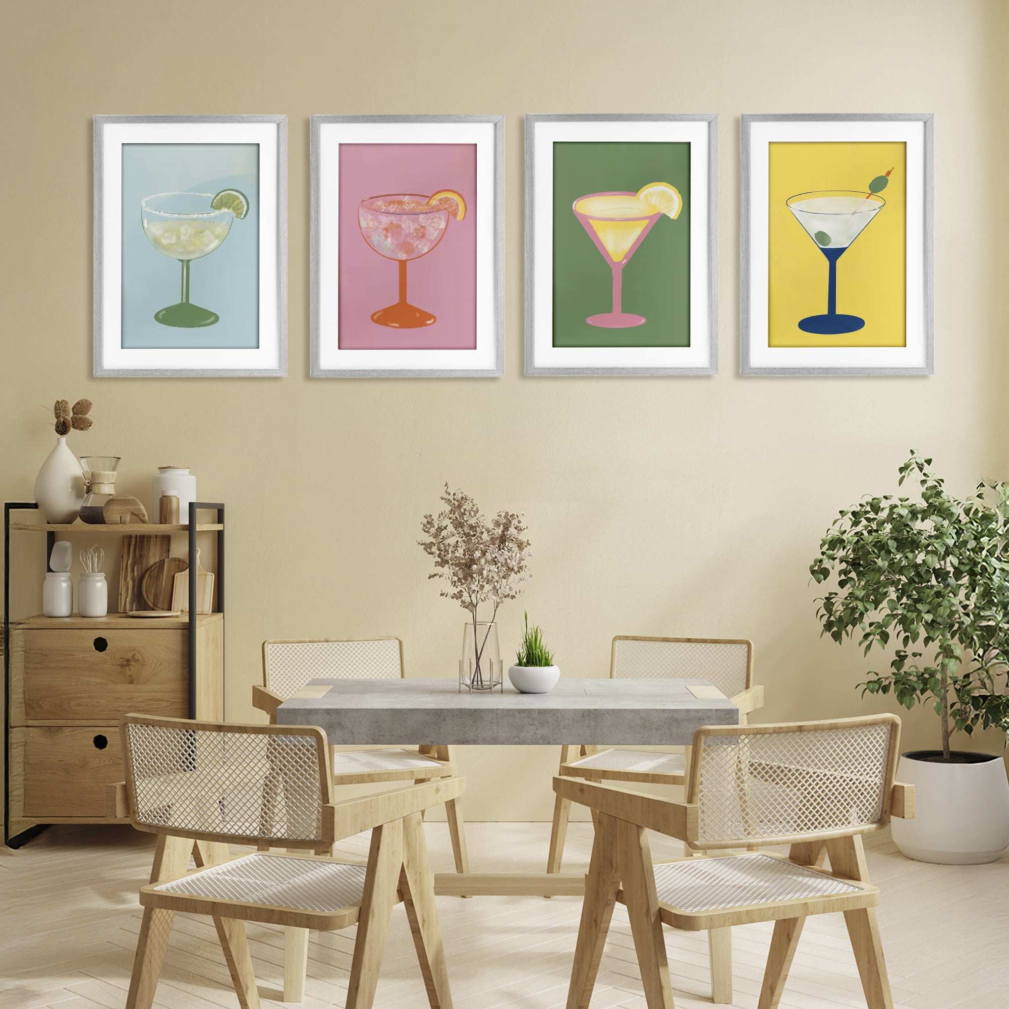 Stupell Industries Stylish & Fun Cocktails 4 Piece Gray Framed Print Under Glass Set, design by Robin Maria