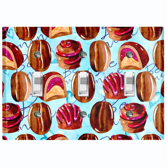 Metal Light Switch Wall Plate Outlet Cover (Coffee Mocha Candy Bean Toffee Swirl Teal Heart - Triple Toggle)