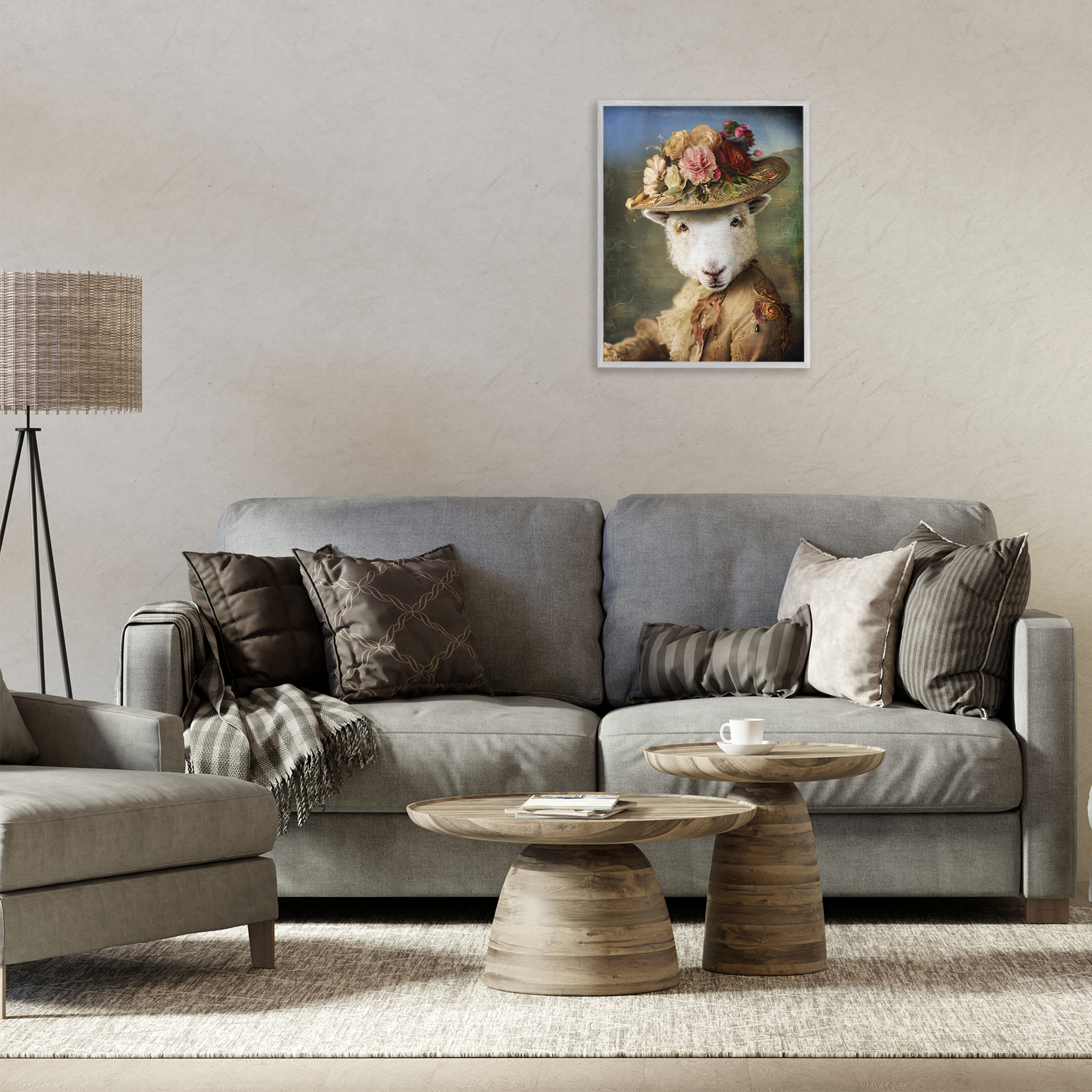 Stupell Industries Lamb with Floral Hat Animals & Insects Painting Gray Framed Art Print Wall Art, 16 x 20