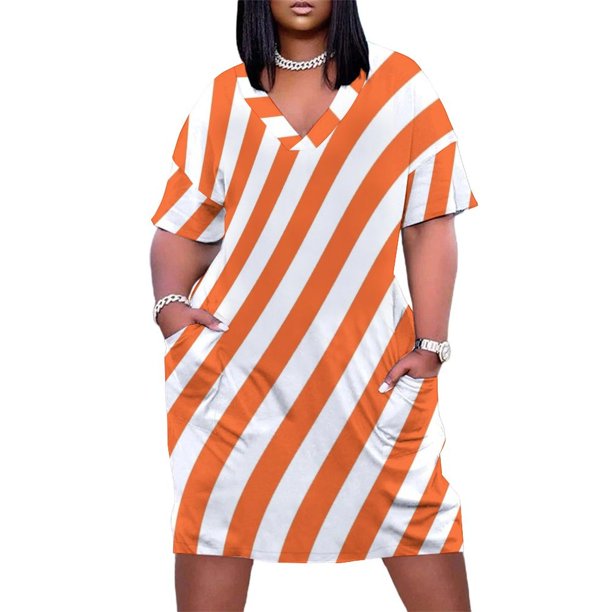 Vestido holgado con bolsillos y rayas diagonales en color naranja neón y blanco. Vestido largo de verano para mujer. Vestido elegante de verano para mujer.