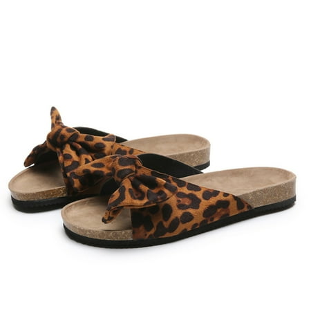 

Women s Flat Sandals with Bow and Rubber Sole Slip On Anti-Slip Beach Shoes Shower Slippers 38 Leopard Print