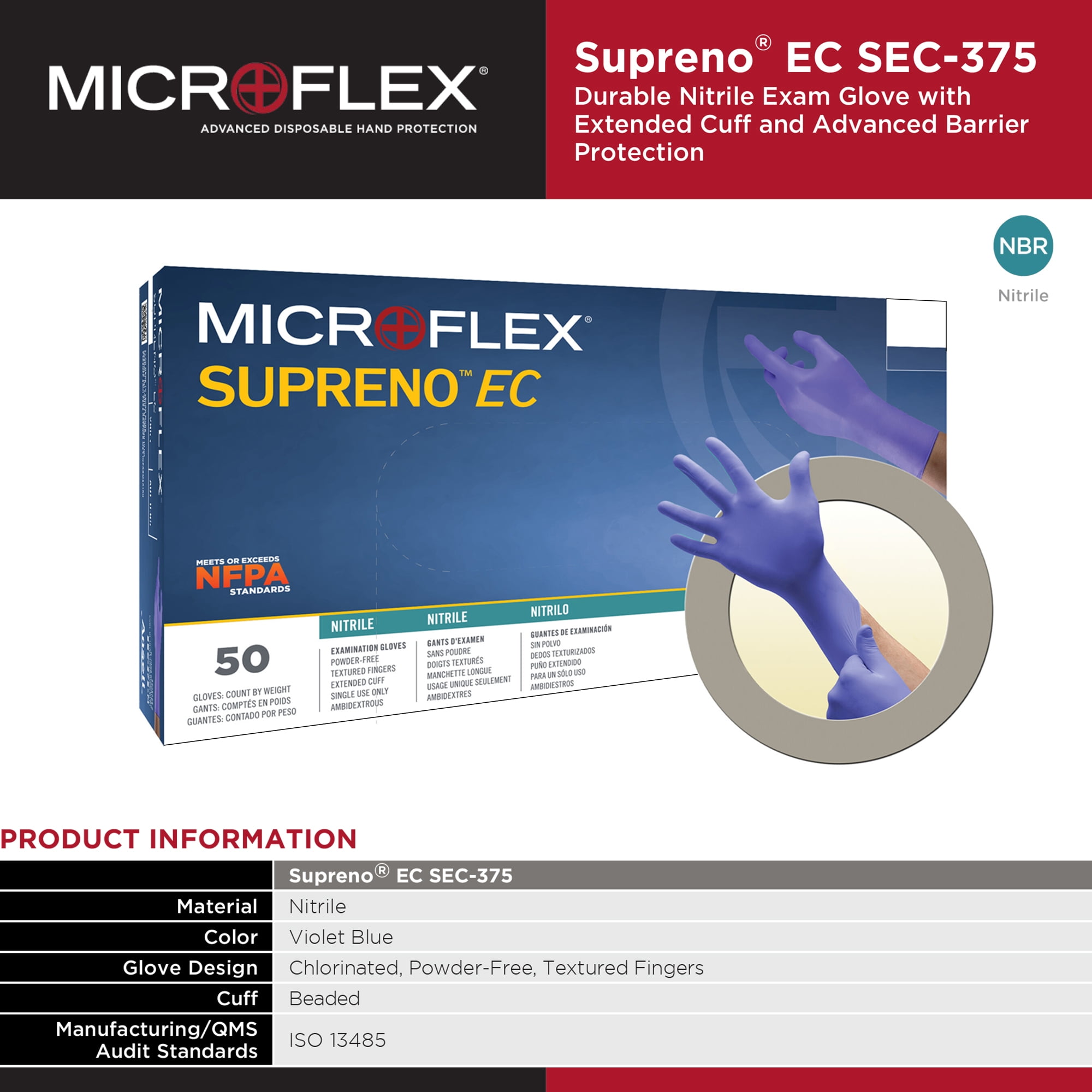Microflex SEC-375-S Disposable Gloves, Nitrile, S, Blue, PK50