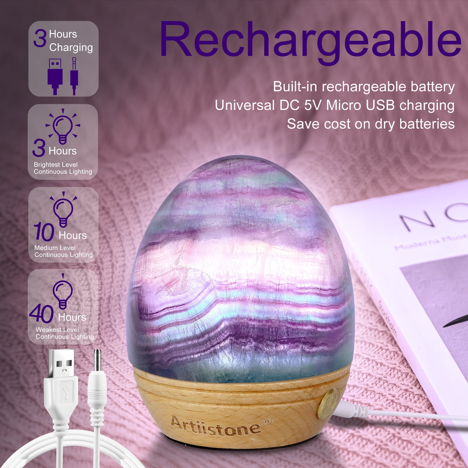 Artistone Egg-Shaped Rainbow Fluorite Crystal Night Light Carved Gemstone USB Rechargeable Lamp