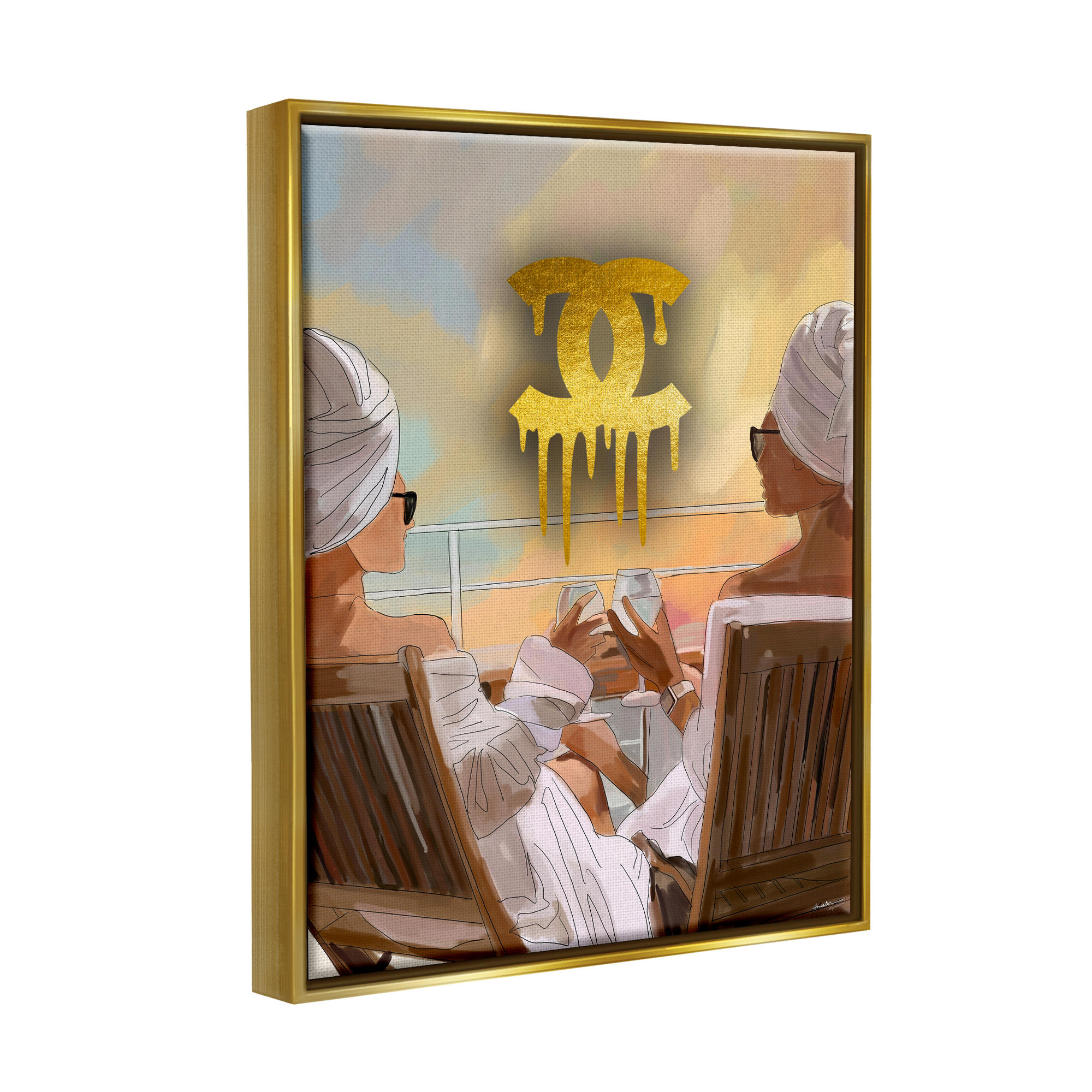 Stupell Industries Glam Girls & Wine Beauty & Fashion Painting Gold Floater Framed Art Print Wall Art, 17 x 21