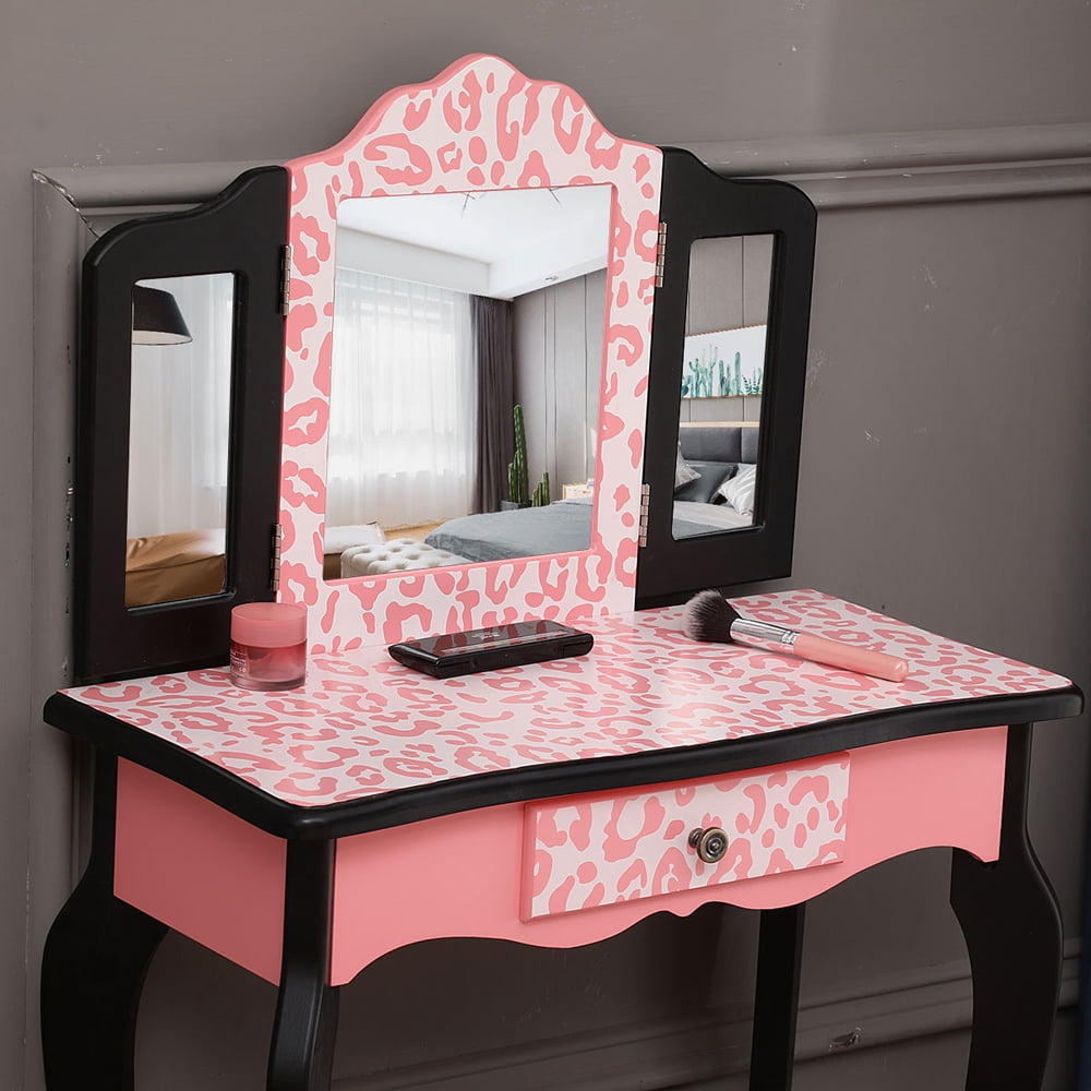 Children Dresser Three-Fold Mirror Single Drawer Arc Feet Red Leopard Print