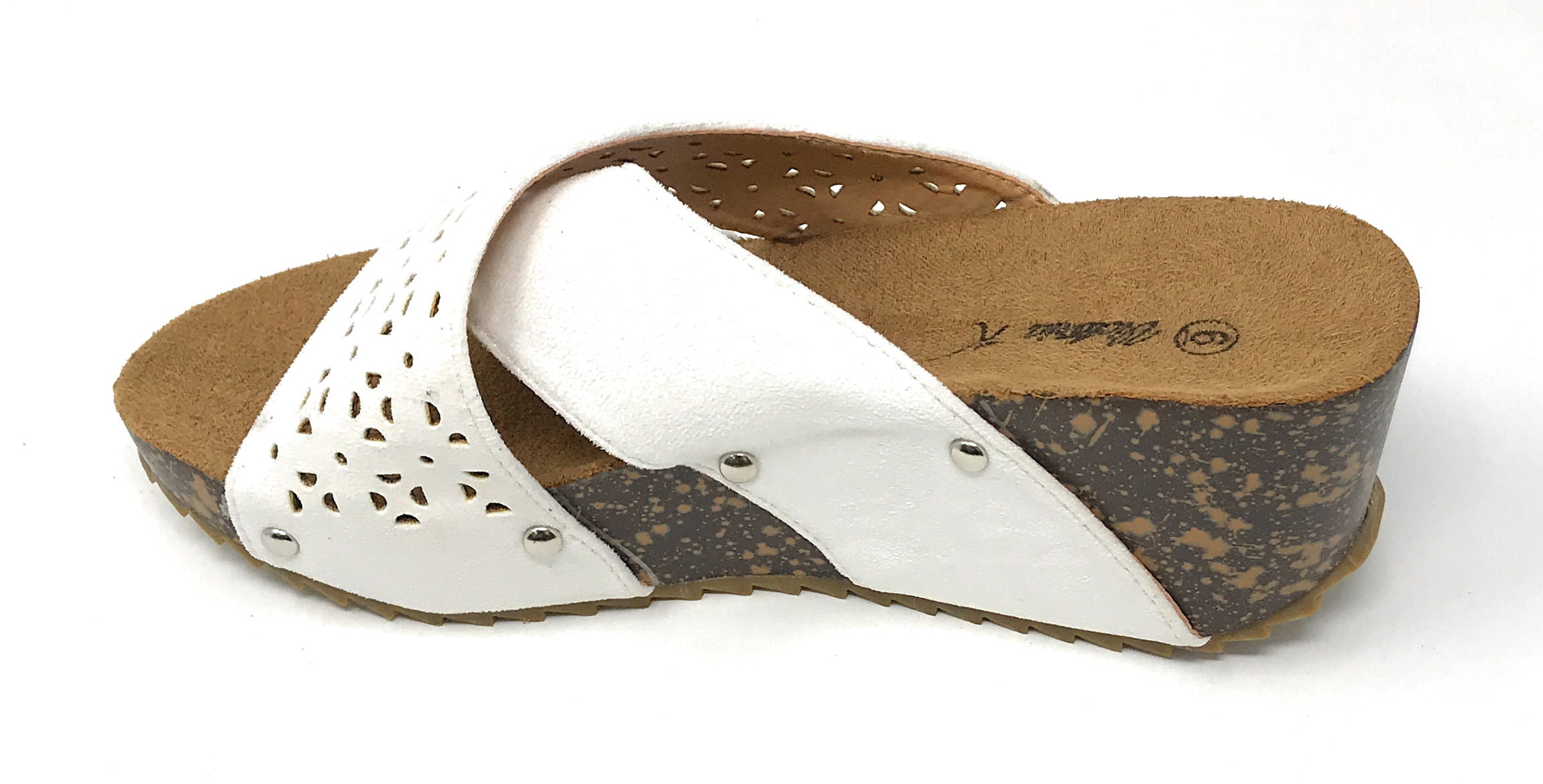 Victoria K Women's Laser Cut Out With Cross Over Strap Cork Wedge Sandals