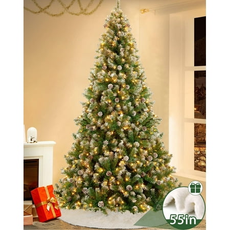 Yexmas 7.5ft Pre-Lit Realistic Artificial Christmas Trees,Green Christmas Trees with 1800 Flocked Frosted Tips & 90 Pine Cones,LED Lights Christmas Trees with 55 Inch Christmas Tree Skirt White