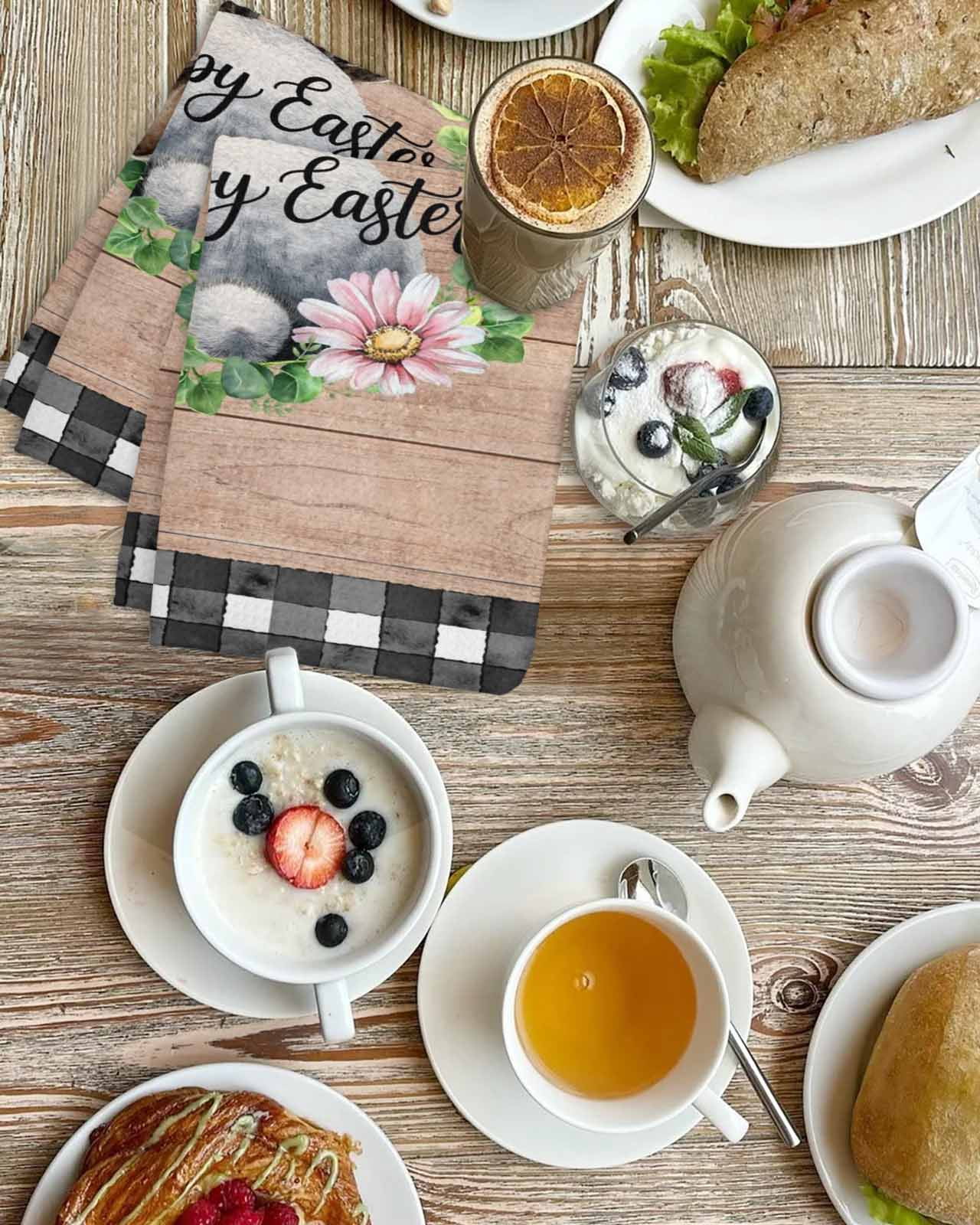 Grey Easter Kitchen Dish Towels for Drying Dishes Set of 3, Spring Watercolor Bunny Flower Leaf Wood Grain Waffle Weave Microfiber Hand Tea Bathroom Towels Quick Dry & Absorbent Towel 15.7x23.6