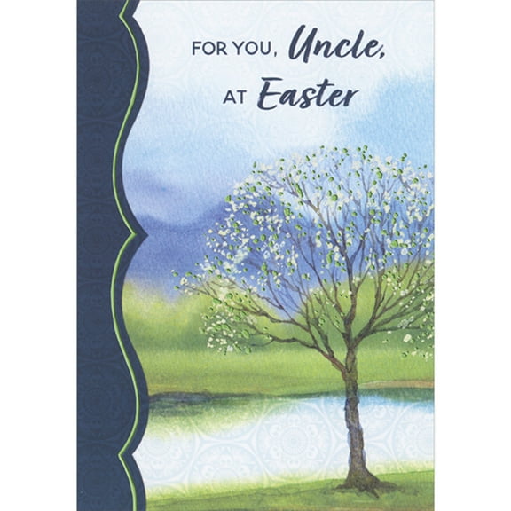 Designer Greetings Watercolor Tree with Green Foil Blossoms Near Lake Shore Easter Card for Uncle
