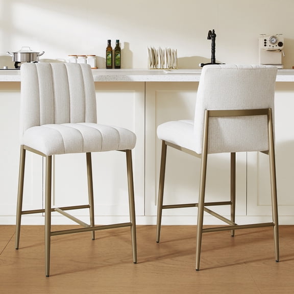 GrandNoor Comfortable Bar Stools Set of 2, 26” Thick Upholstered Counter Height Bar Stools with Backs, Linen Counter Stools with Metal Legs for Kitchen Island, Beige