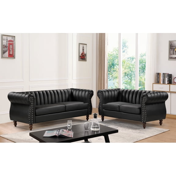Uspridefurniture Charlot Faux Leather 2Pcs Living Room Set, Black, Sofa Loveseat