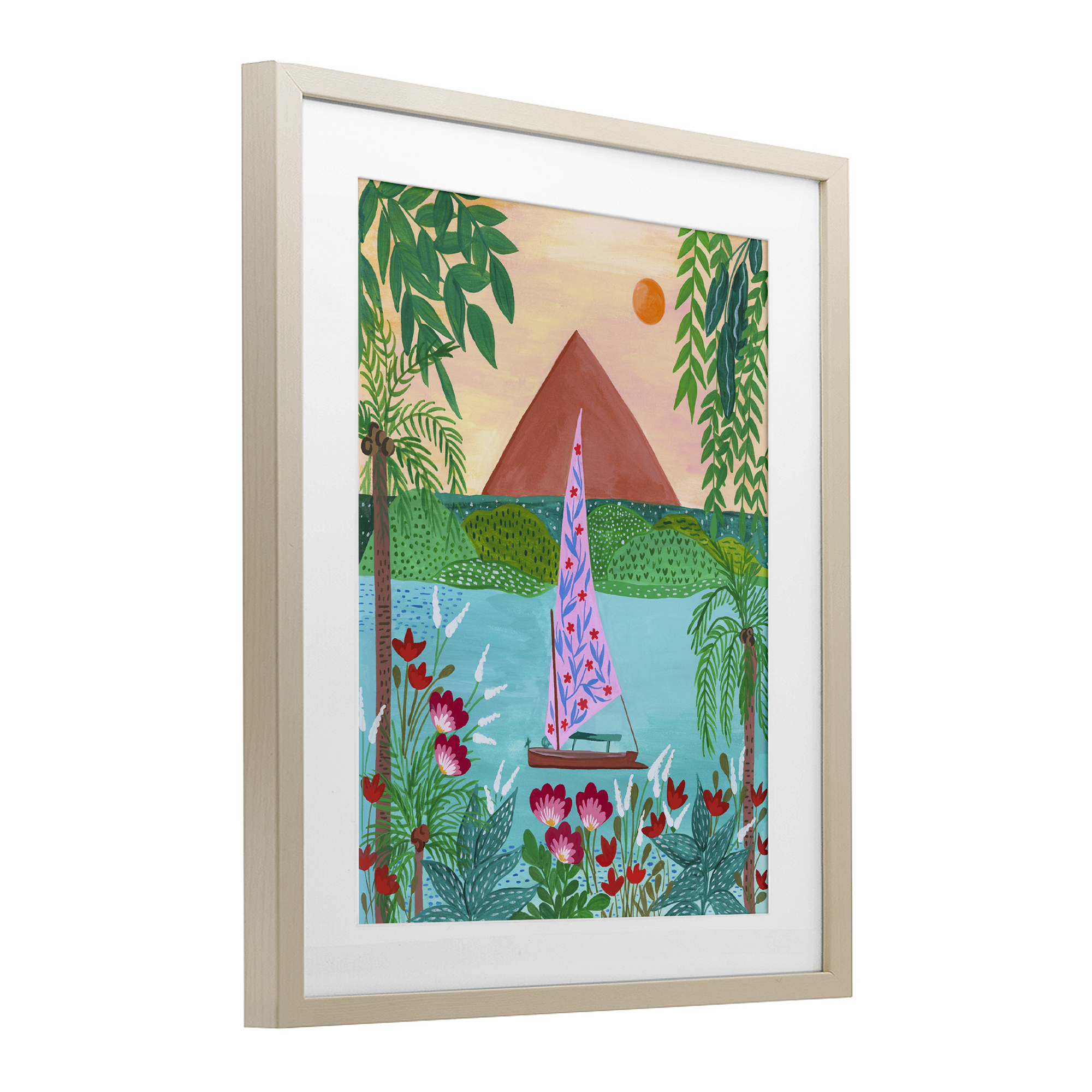 Sailboat on Egypt Nile Birch Framed Print Under Glass, design by Nabeela Rumi