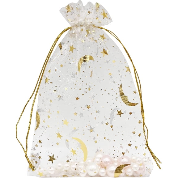 100PCS Organza Bags 4X6 with Drawstring Jewelry Bags Small Moon Star Mesh Bags for Wedding Party Favor Candy Bags