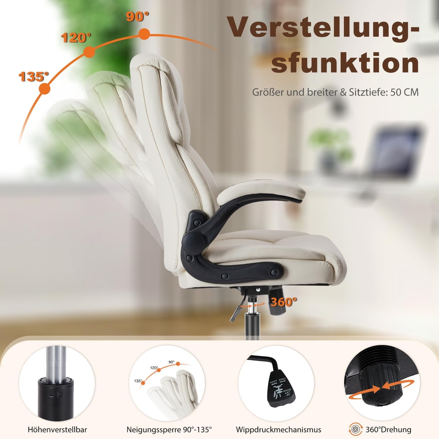 Ergonomic Office Chair, High Back Executive Desk Chair with Lumbar Support, Adjustable PU Leather Computer Chair with Flip-up Arms, Swivel Rolling Wheels Chair for Home and Office Use