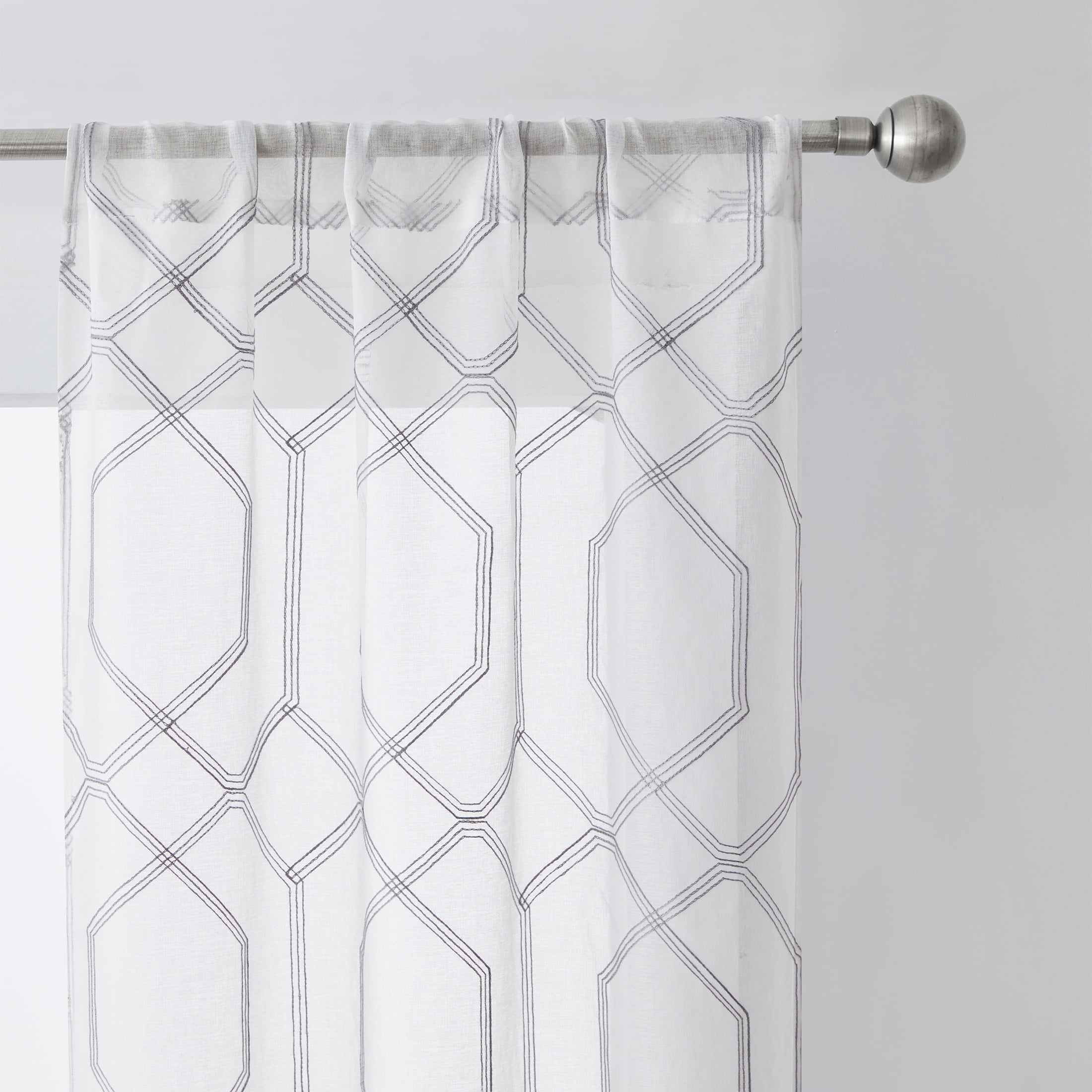 (2 pack) Mainstays Modern Geometric Embroidered Rod Pocket Sheer Curtains, Set of 4, Grey, 28" W x 54" L