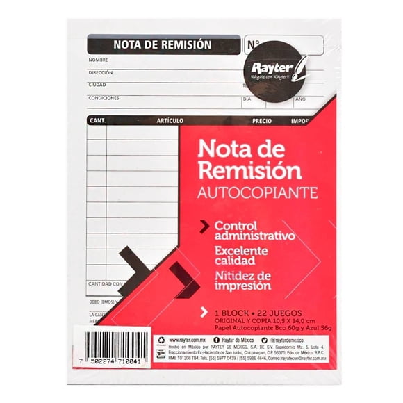 Nota de Remisión Rayter Autocopiante