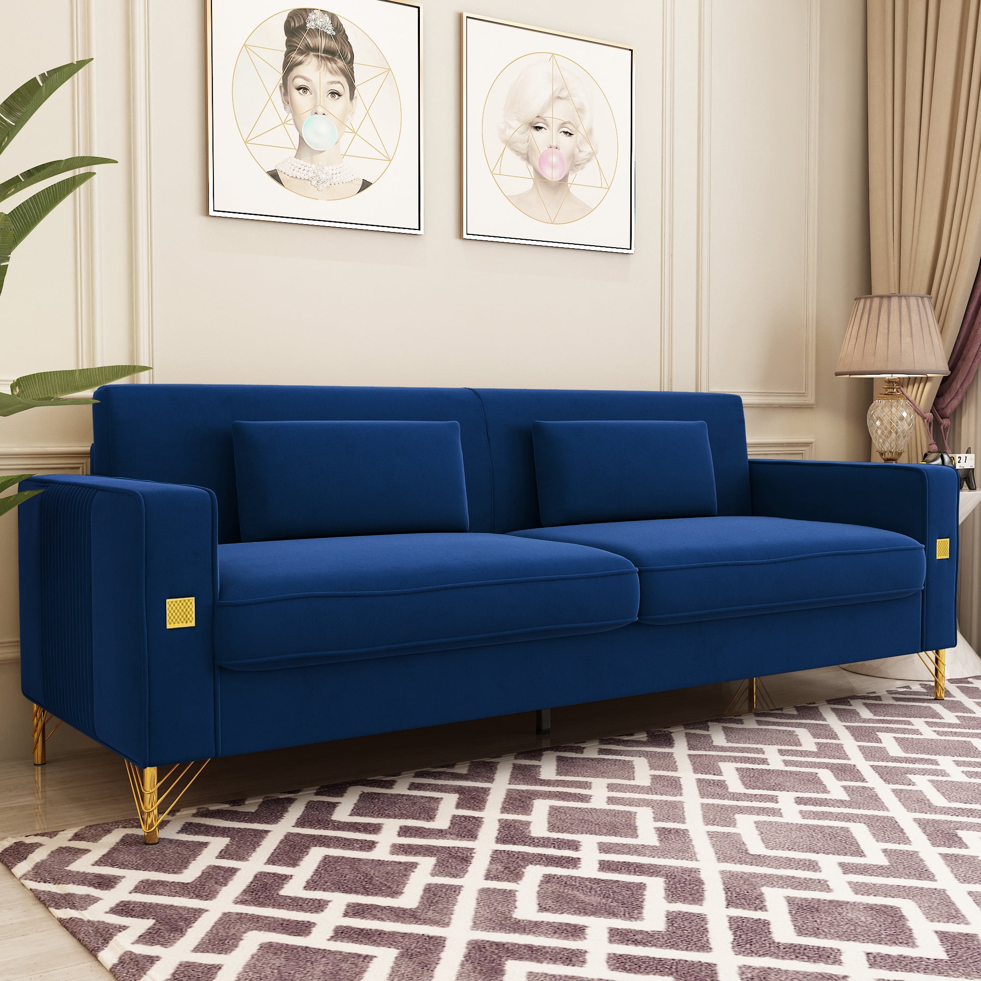 Modern Velvet Upholstered Sofa Couch with Pillows Removable Cushions and Gold Metal Legs for Living Room Office Apartment