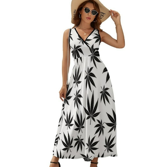 Weed Pattern Dress Summer Street Style Bohemia Long Dresses Female Sleeveless Printed Maxi Dress