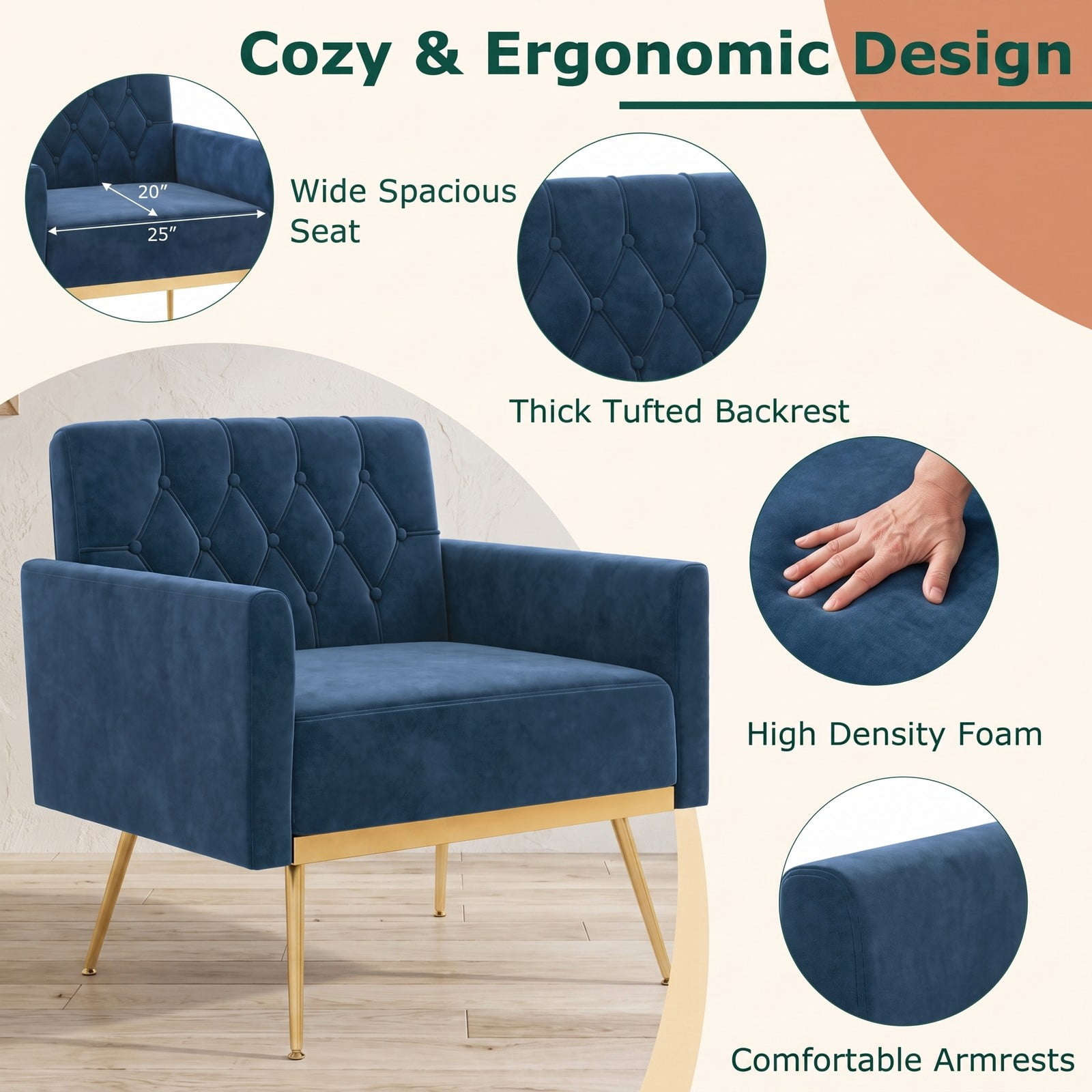 Furnibear Modern Velvet Accent Chair, Button-Tufted Upholstered Single Sofa Armchair with Metal Legs and Adjustable Feet for Living Room Bedroom Study, Holds 350, Blue