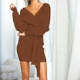 thumbnail image 2 of Fesfesfes Women Dress Solid Color Sexy Lace Up V Neck Bag Hip Long Sleeved Dress or, 2 of 9