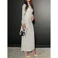 thumbnail image 4 of Diconna Women's Spring Autumn Long Dress Solid Color Long Sleeve Half High Neck Ruched Tie Up Dress, 4 of 5