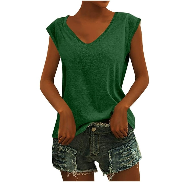Pompotops Mode Femme Blouse Décontractée Col en V Unie Sans Manches T-Shirt Hauts d'Été