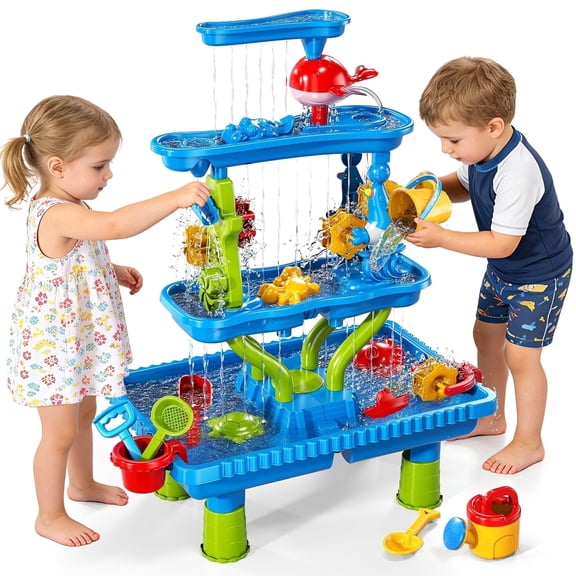 MAVOLIO 4-Tier Rectangular Sand and Water Table for Toddlers, Kids Sensory Toys for Toddlers 3-4, Indoor Outdoor Play Toys for Girls Boys, Multiplayer Interactive Beach Table