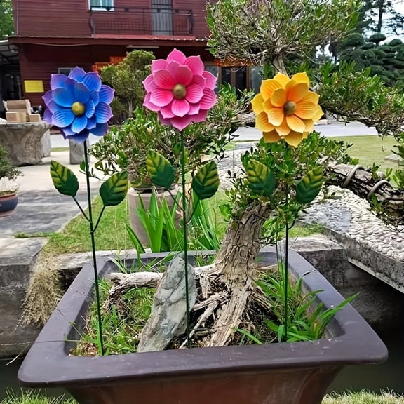3-Pack Metal Flower Garden Stakes,Metal Flowers for Outside,Lawn Ornaments & Garden Stakes, Decorative Metal Yard Decor, Patio & Flower Bed Decor, Perfect for Outdoor Lawn Patio Pathway Decorations