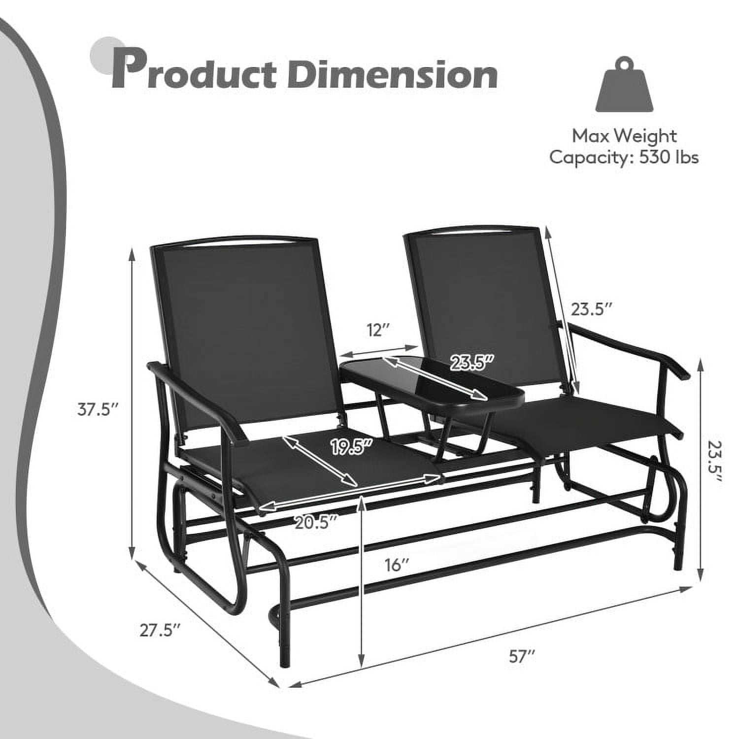 Aimee Lii Outdoor Patio Furniture Set, 2-Person Double Rocking Loveseat with Mesh Fabric and Center Tempered Glass Table, Black