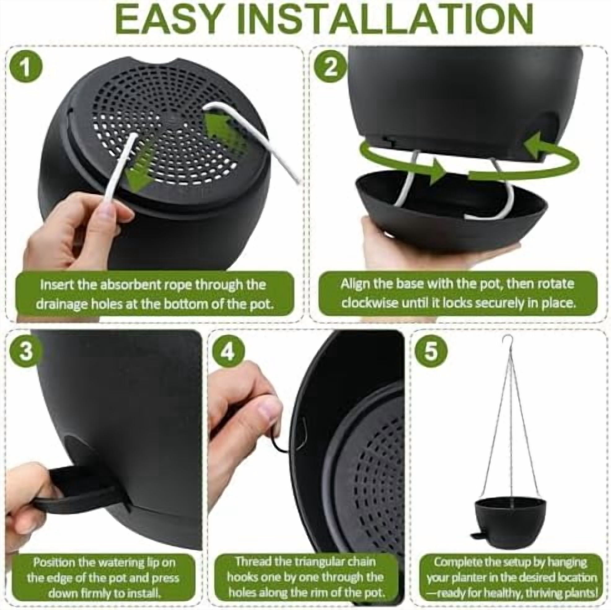 Self Watering Hanging Planters, 2 Pack 10'' Plastic Pots with Drainage Holes & Reservoir Tray (Black) | Indoor & Outdoor Use for Ferns, Ivy, Herbs, Succulents