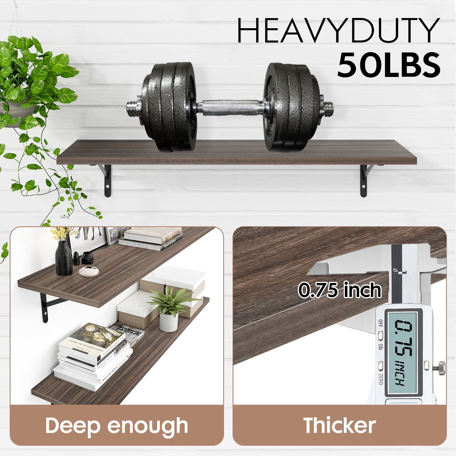 Kaboon 45inch Floating Shelves for Wall 10" D x 45" W Set of 2, Eucalyptus