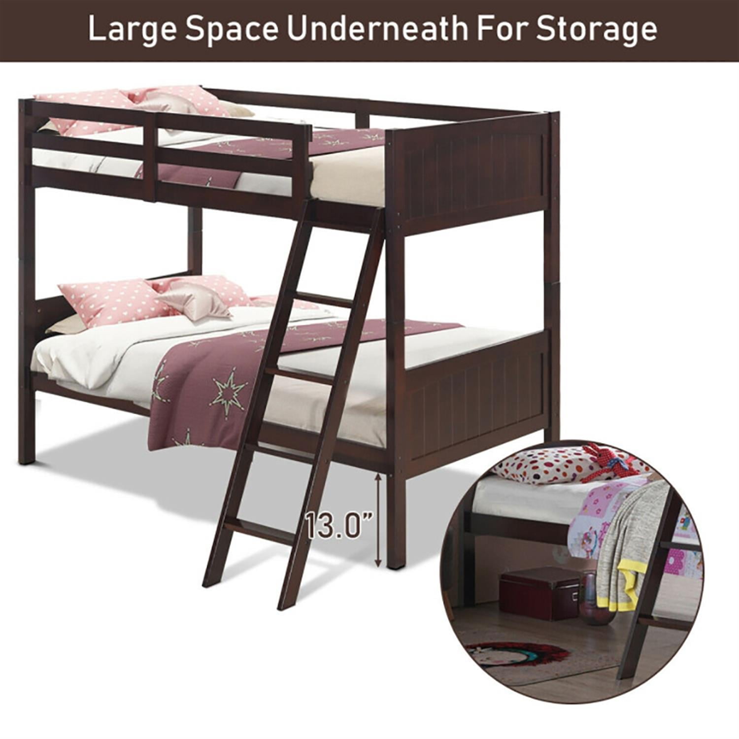 Demi Bonn Solid Wood Twin Over Twin Bunk Bed with Ladder, Twin Bunk Beds, Converts to 2 Individual Twin Beds, Brown