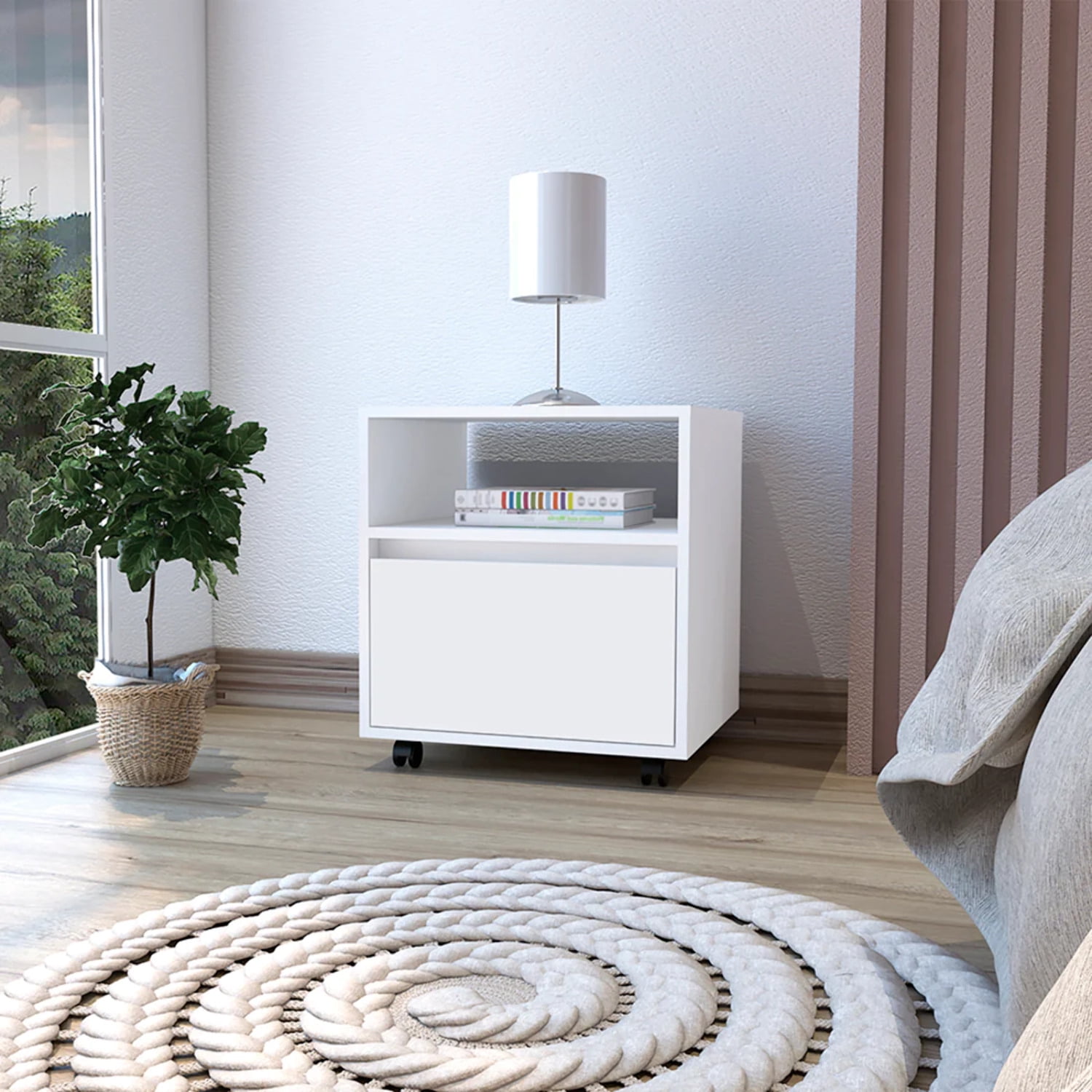HomeRoots 20 in. One Drawer Faux Wood Nightstand, White