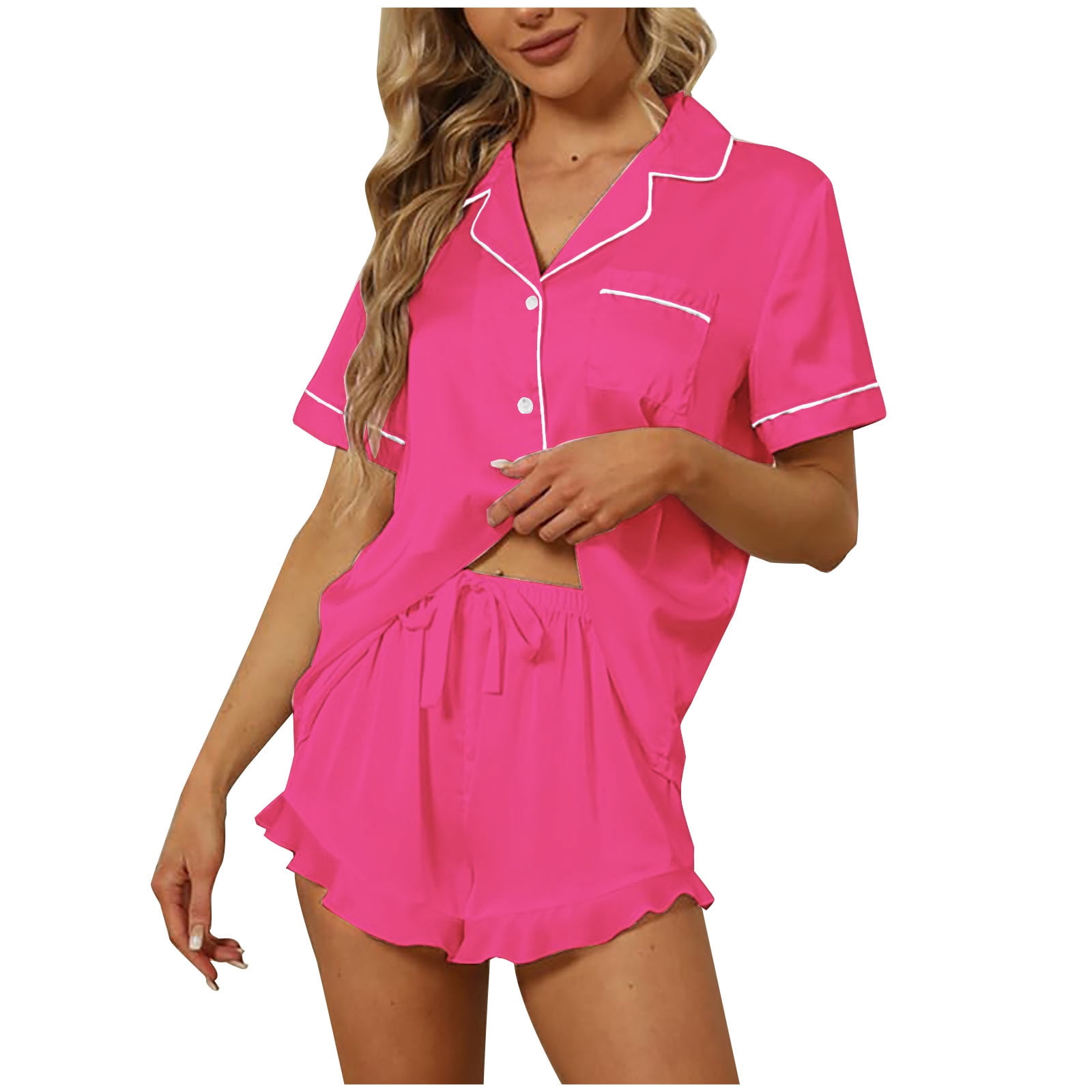 Rkstn Silk Pajamas For Women 2024 Summer Satin Fashion Loose Plus Size Two Piece Pajamas Set Casual V Neck Solid Color Short Sleeve With Shorts Pajama